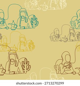 Pareja árabe que tiene la Ilustración vectorial árabe del café con la olla de Dallah y las tazas de Finjan como modelo inconsútil para el fondo de los momentos islámicos o del café de la cultura árabe Diseño relacionado