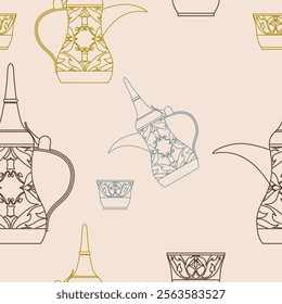 Editable Outline Arab Dallah Coffee Pot and Finjan Cup Vector Illustration Seamless Pattern for Creating Background of Middle Eastern Culture Tradition Cafe and Islamic Moments Related Design