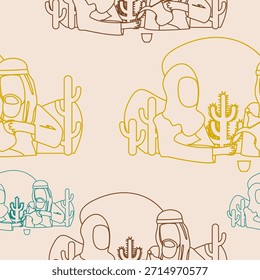 Editierbare Outline Arabischer Mann, der Kaffee aus Dallah Pot in Finjan Cup für Ehefrau gießt Vektorgrafik als nahtloses Muster für Hintergrund islamischer Momente oder Arabische Kultur Café Verwandtes Design