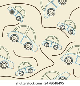 Editable Outline Cartoon Style Classic Cars Vector Illustration Seamless Pattern for Creating Background of Vintage Transportation or Children Related Design