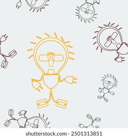 Editable Outline Cartoon Style Light Bulb Character in Various Color Vector Seamless Pattern for Creating Background of Electrical Related or Illustration for Kids