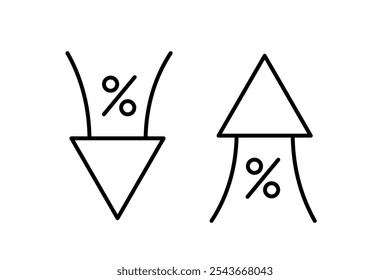 Editable outline icon with percent down arrow sign, isolated on white background.