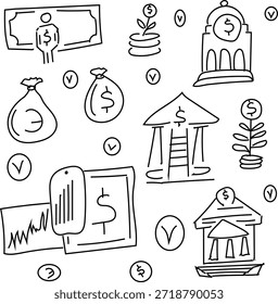 Ícone de estrutura de tópicos editável definido para serviços financeiros, símbolos desenhados à mão de dinheiro e conceitos bancários na ilustração de vetor estilo esboço.