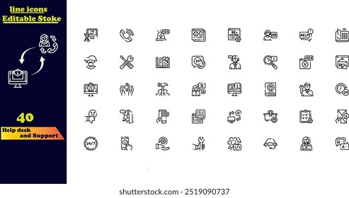 Bearbeitbarer Symbolsatz für die Gliederungsansicht für Support-Services, einschließlich Kundendienst, Helpdesk, Feedback, Unterstützung und technischer Support.
