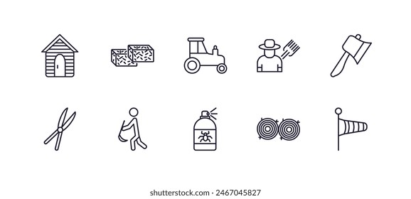 editable outline icons set. thin line icons from agriculture farming collection. linear icons such as shed, straw bale, farm trailer, wood chop, insecticide, weather vane