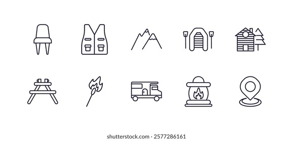 editable outline icons set. thin line icons from camping collection. linear icons such as chair, fishing vest, inflatable boat, lodge, camper, location