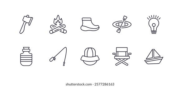 editable outline icons set. thin line icons from camping collection. linear icons such as hatchet, bonfire, canoe, lamp, explorer hat, boat