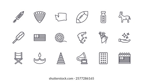 editable outline icons set. thin line icons from united states of america collection. linear icons such as american native, usa shield, rugby helmet, director chair, gramophone, independence day