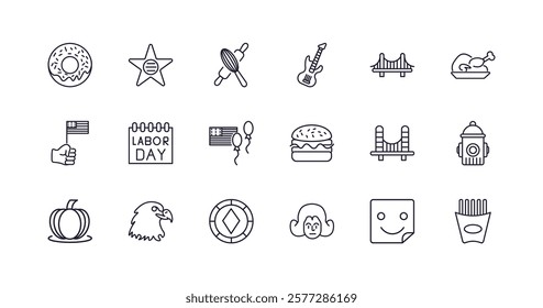 editable outline icons set. thin line icons from united states of america collection. linear icons such as donut, walk of fame, electric guitar, thanksgiving ornament, george washington, french