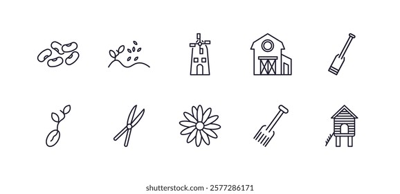 editable outline icons set. thin line icons from agriculture farming collection. linear icons such as legume, plant seeds, barn, digging bar, spring flower, chicken coop