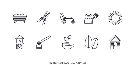 editable outline icons set. thin line icons from agriculture farming collection. linear icons such as trough, shears, farm trailer, sunny, planting, shed