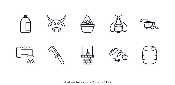 editable outline icons set. thin line icons from agriculture farming collection. linear icons such as sprayer, ox, bees, harvester, well, barrell