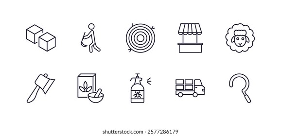 editable outline icons set. thin line icons from agriculture farming collection. linear icons such as sugar, farmer hoeing, stall, sheep, pesticide, sickle