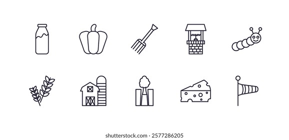 editable outline icons set. thin line icons from agriculture farming collection. linear icons such as milk jar, capsicum, water well, caterpillar, monoculture, weather vane