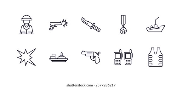 editable outline icons set. thin line icons from army and war collection. linear icons such as soldier, gun shooting, condecoration, naval, barbed, bulletproof