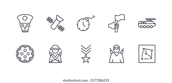 editable outline icons set. thin line icons from army and war collection. linear icons such as skull army, military satellites, patriot, armored vehicle, veteran, strategy