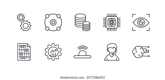 editable outline icons set. thin line icons from artificial intellegence collection. linear icons such as processing, ar camera, quantum computing, biometrics, infrared, ai brain