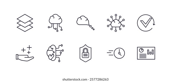 editable outline icons set. thin line icons from artificial intelligence collection. linear icons such as layers, cloud computing, big data, availability, data security, visualization