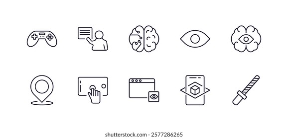 editable outline icons set. thin line icons from artificial intelligence collection. linear icons such as game control, teaching, view, rearview mirror, page views, ar wand