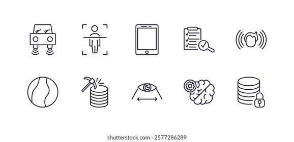 editable outline icons set. thin line icons from artificial intellegence collection. linear icons such as fyling vehicle, body scan, evaluation, immersive, field of view, secure data