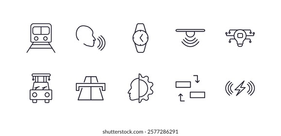 editable outline icons set. thin line icons from artificial intellegence collection. linear icons such as train, voice recognition, motion sensor, ai grid, cyborg, wireless charging