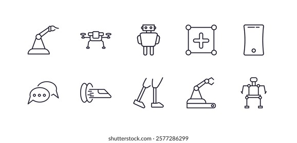 editable outline icons set. thin line icons from artificial intellegence collection. linear icons such as bionic arm, unmanned aerial vehicle, match moving, mobile flexible display, prosthesis,