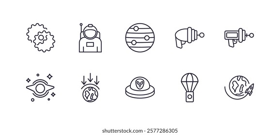 editable outline icons set. thin line icons from astronomy collection. linear icons such as nebula, spaceman, gun blaster, laser gun, alien with aqualung, space travel