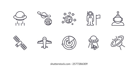 editable outline icons set. thin line icons from astronomy collection. linear icons such as big ufo, planets, astronaut and flag, astronaut user, radar system, quasar