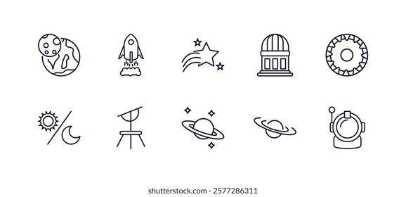 editable outline icons set. thin line icons from astronomy collection. linear icons such as earth and moon, liftoff, planetarium, stargate, saturn, astranaut helmet