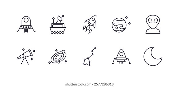 editable outline icons set. thin line icons from astronomy collection. linear icons such as lander, moonwalker, mars with satellite, extraterrestrial, ursa major, crescent moon