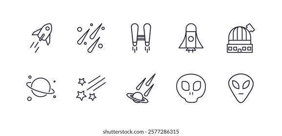 editable outline icons set. thin line icons from astronomy collection. linear icons such as rocket flying, meteor shower, space shuttle, observatory, space collision, extraterrestial head