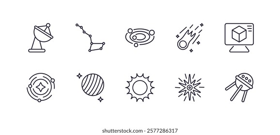 editable outline icons set. thin line icons from astronomy collection. linear icons such as radar pointing up, big dipper, comet, simulator, big sun shining, sputnik