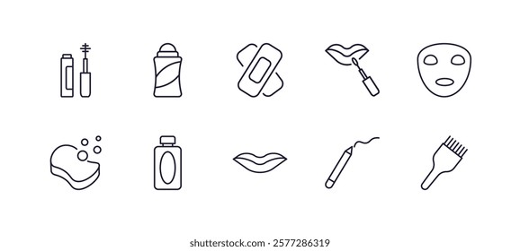 editable outline icons set. thin line icons from beauty collection. linear icons such as mascara, deodorant, lip gloss, face mask, lips, tint brush