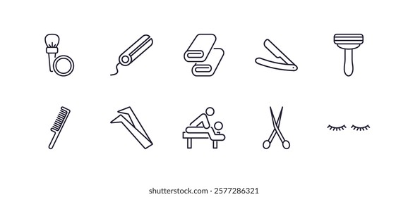 editable outline icons set. thin line icons from beauty collection. linear icons such as blush, hair straightener, straight razor, disposable razor, massage, two eyelashes