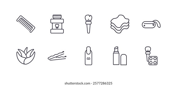 editable outline icons set. thin line icons from beauty collection. linear icons such as comb, mouthwash, wipes, little makeup box, finger with nail, eye shadow