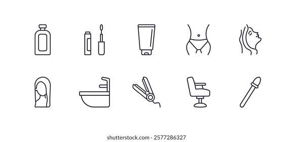 editable outline icons set. thin line icons from beauty collection. linear icons such as inclined bottle, liquid lipstick, women waist, woman face, flat iron, makeup brush