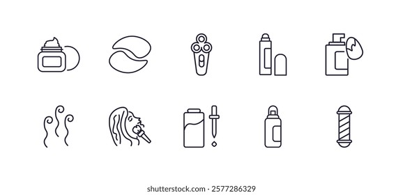 editable outline icons set. thin line icons from beauty collection. linear icons such as moisturizer, eye patch, concealer, liquid makeup, skincare, barber shop