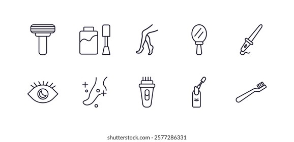 editable outline icons set. thin line icons from beauty collection. linear icons such as razor, nail polish, hand mirror, curler, hair, toothbrush