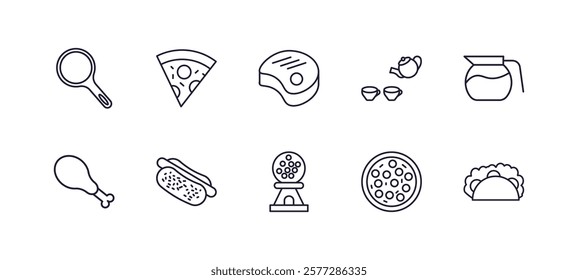 editable outline icons set. thin line icons from bistro and restaurant collection. linear icons such as frying pan from top, pepperoni pizza slice, tea, coffe pot, candy balls, mexican food