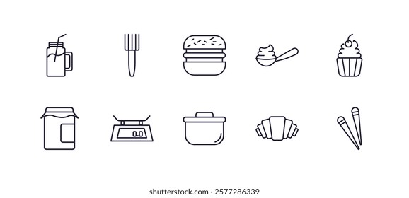 editable outline icons set. thin line icons from bistro and restaurant collection. linear icons such as drink jar, salad fork, yogurt with spoon, cupcake with cherry, bistro pot, chopsticks