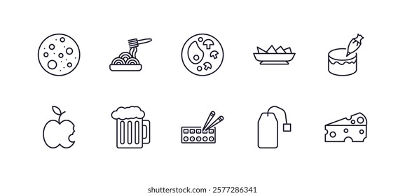 editable outline icons set. thin line icons from bistro and restaurant collection. linear icons such as pita bread, spaghetti bolognese, nachos plate, decorated cake, sushi mix, piece of cheese