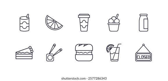 editable outline icons set. thin line icons from bistro and restaurant collection. linear icons such as mermelade tin, half lemon, ice cream balls cup, milk brick, long sandwich, closed