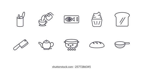 editable outline icons set. thin line icons from bistro and restaurant collection. linear icons such as open tin with spoon, pouring coffe, cupcake with cream, toasted bread, boiling water pan,