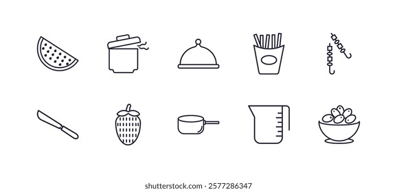 editable outline icons set. thin line icons from bistro and restaurant collection. linear icons such as watermellon slice, pot with cover, french fries box, two brochettes, lateral pan, bowl of