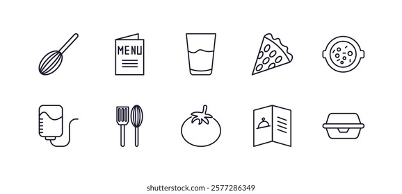editable outline icons set. thin line icons from bistro and restaurant collection. linear icons such as manual mixer, menu card, crepe and cream, paella with parwns, fresh tomato, food box