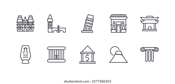 editable outline icons set. thin line icons from buildings collection. linear icons such as notre dame, charles bridge, arc de triomphe, chinese temple, reserve bank, greece