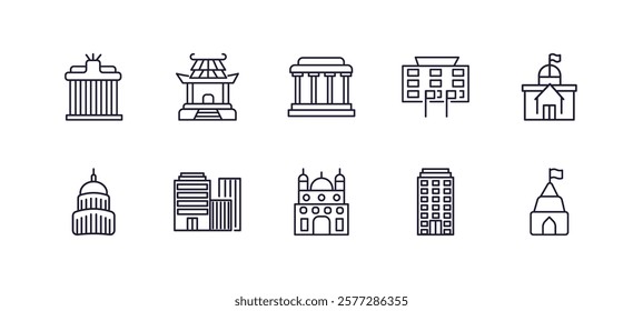 editable outline icons set. thin line icons from buildings collection. linear icons such as brandenburg gate, buddhist temple, uno building, moot hall, gurdwara, hindu temple