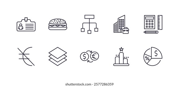 editable outline icons set. thin line icons from business collection. linear icons such as journalist id card, basic burger, corporation, maths tool, money convert, pie chart with dollar