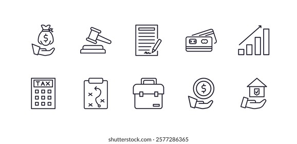 editable outline icons set. thin line icons from business collection. linear icons such as purpose of saving money, punishment, banking card, graphic progression, briefcase, home insurance