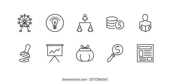 editable outline icons set. thin line icons from business collection. linear icons such as big wheel, round light bulb, dollar coins stack, reader, coin purse, newspaper page